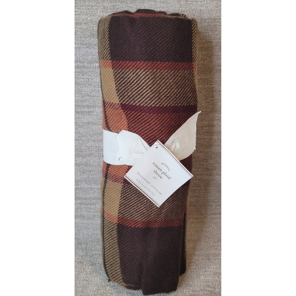 Pottery Barn Ronan Plaid Throw Blanket Brown Tan Orange 50x60 NEW w Tags Fall